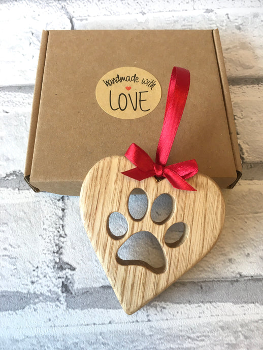 Wooden Heart with Paw Print Christmas Tree Decoration/Ornament