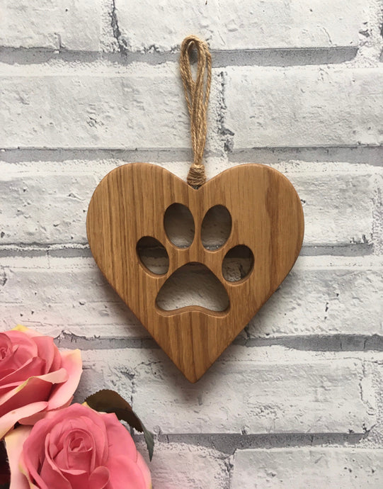 Solid Oak Hanging Heart with Paw Print