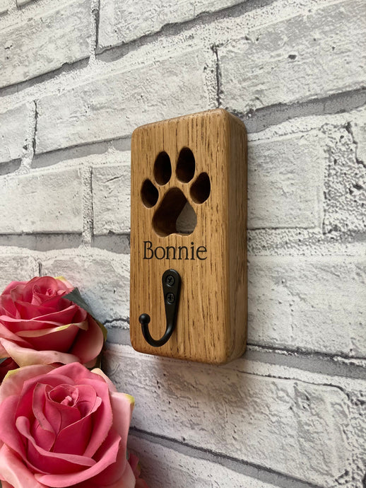 Personalised Solid Oak Lead Hanger With Cut Out Paw Print