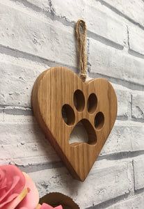 Solid Oak Hanging Heart with Paw Print