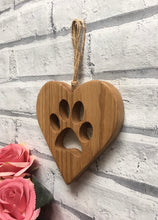 Load image into Gallery viewer, Solid Oak Hanging Heart with Paw Print