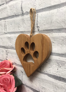 Solid Oak Hanging Heart with Paw Print