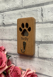 Personalised Solid Oak Lead Hanger With Cut Out Paw Print