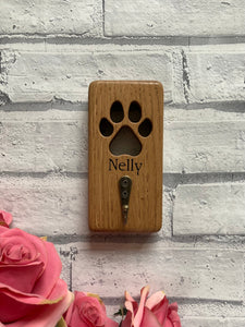 Personalised Solid Oak Lead Hanger With Cut Out Paw Print