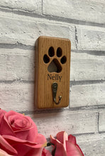 Load image into Gallery viewer, Personalised Solid Oak Lead Hanger With Cut Out Paw Print